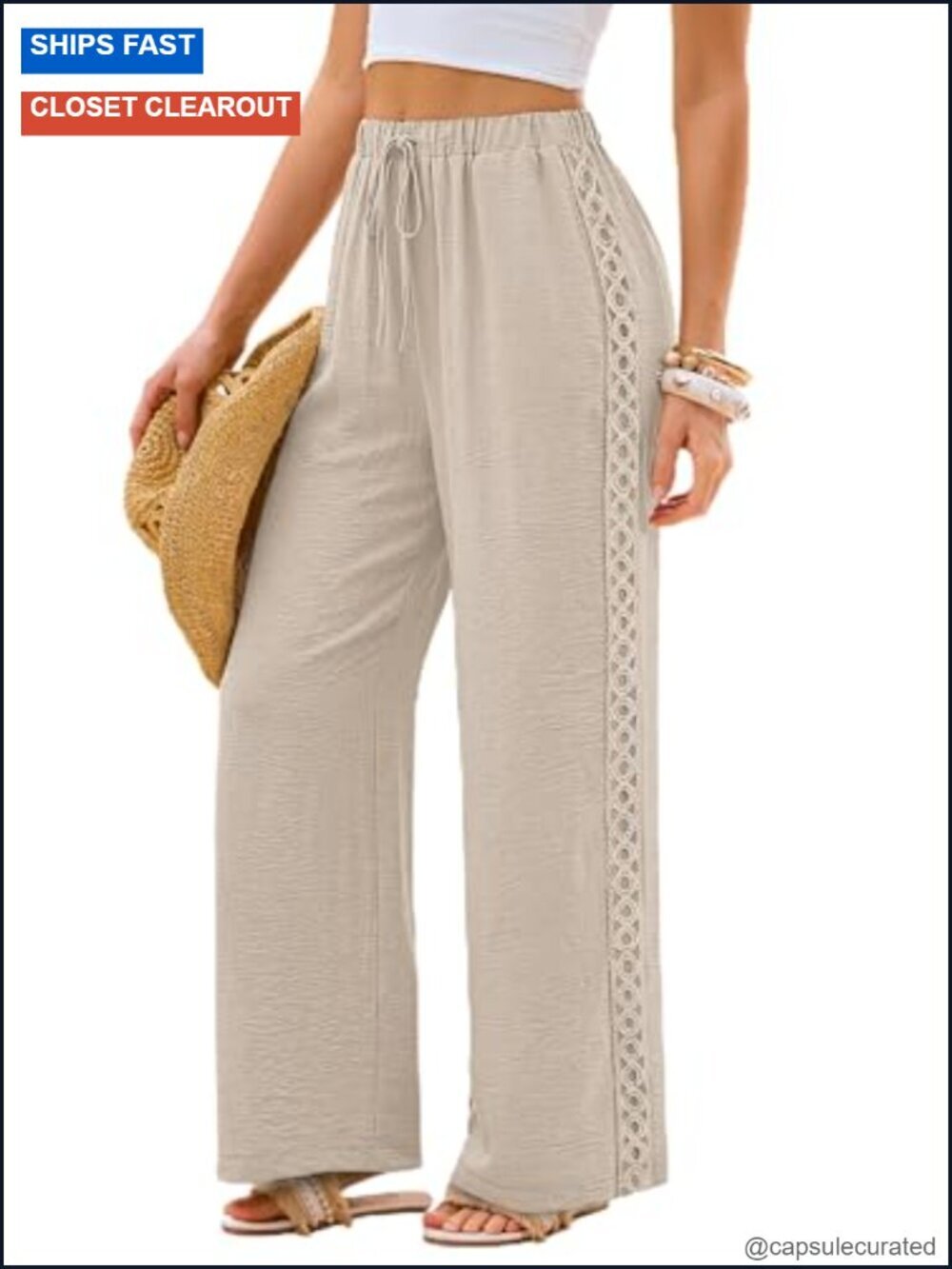 Wide Leg Palazzo Pants Flowy Lace Elastic Waist with Pockets